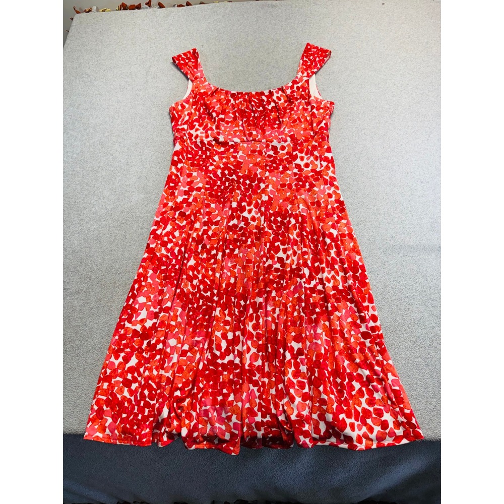 Dressbarn Fit And Flare Dress Womens 14 Red Pink Abstract Petal Ruched Romantic